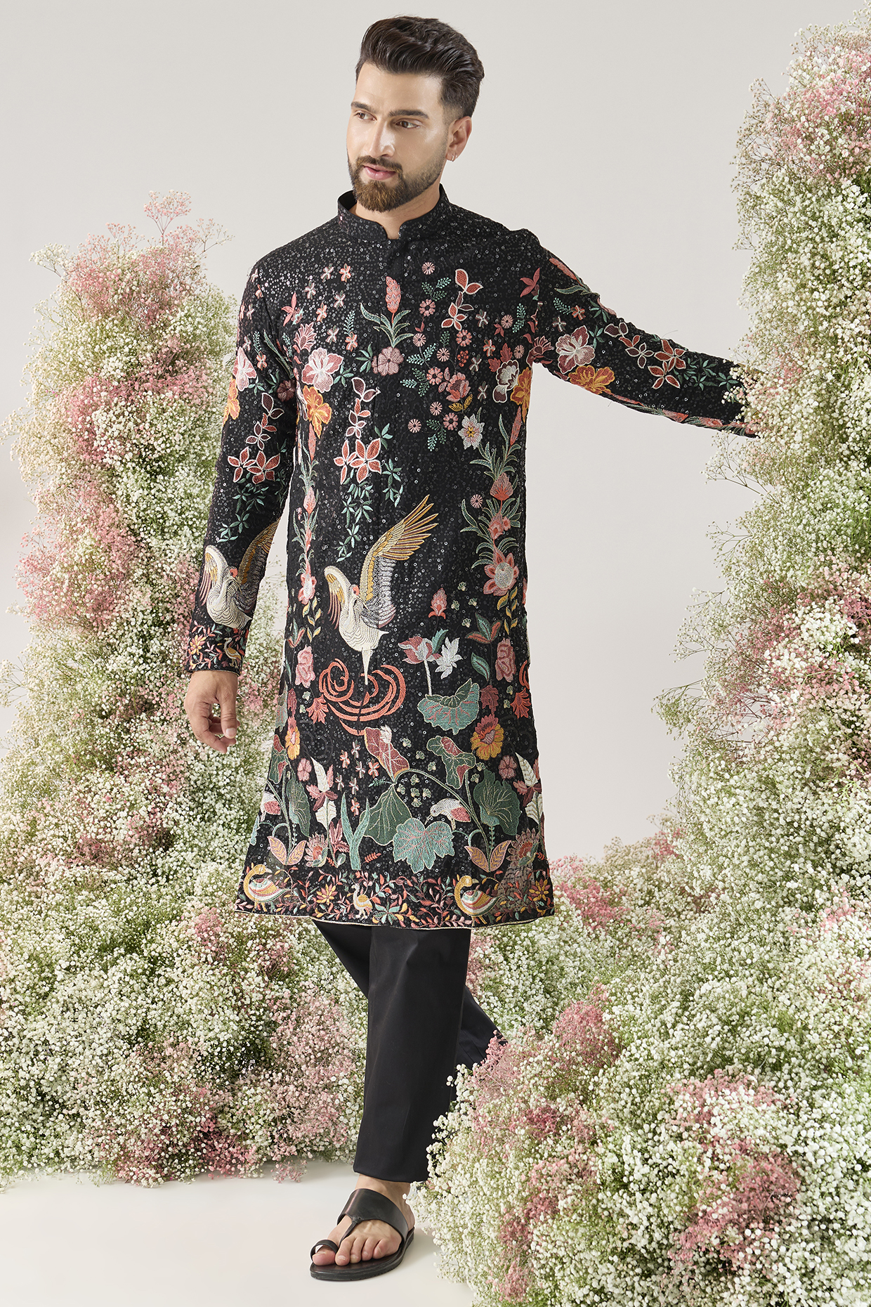 Black Georgette Threadwork Kurta by Kasbah Clothing