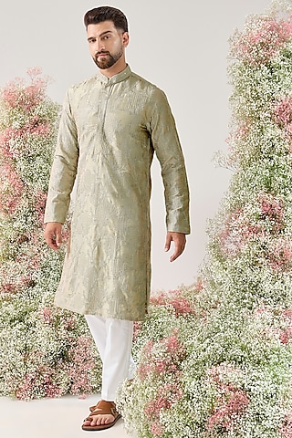 Mint-Silver Silk Threadwork Kurta by Kasbah Clothing