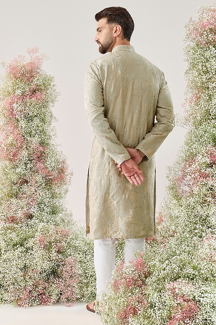 Mint-Silver Silk Threadwork Kurta by Kasbah Clothing at Pernia's Pop Up Shop