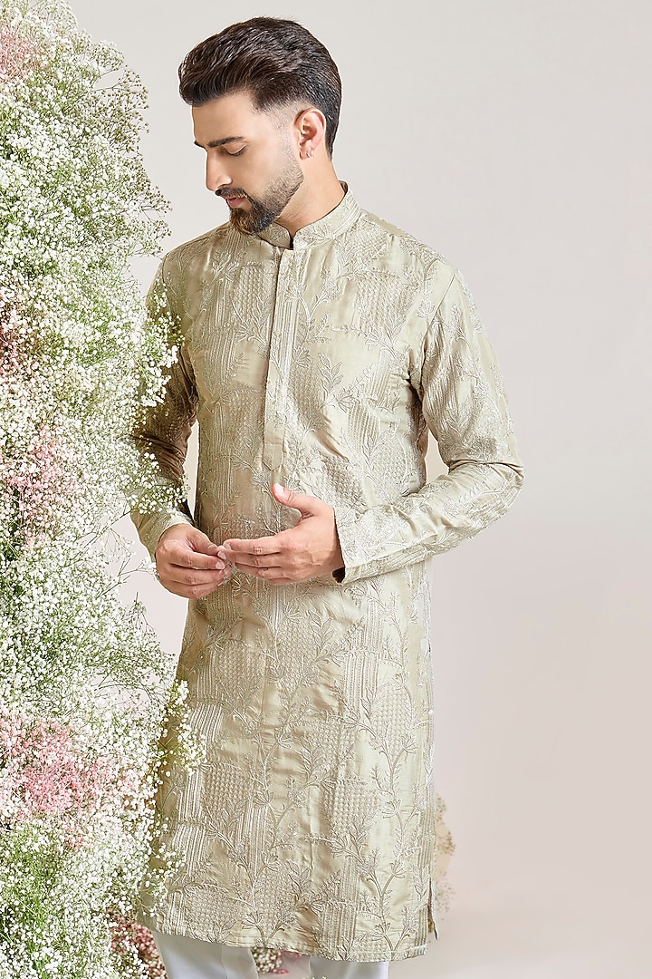 Mint-Silver Silk Threadwork Kurta by Kasbah Clothing at Pernia's Pop Up Shop
