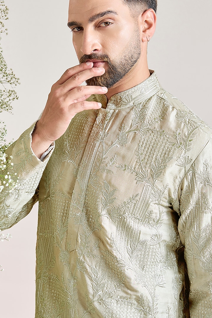 Mint-Silver Silk Threadwork Kurta by Kasbah Clothing at Pernia's Pop Up Shop