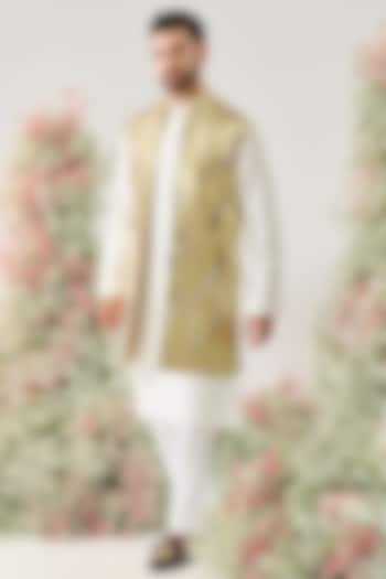Pristine Yellow Georgette Sequined Long Open Jacket by Kasbah Clothing at Pernia's Pop Up Shop