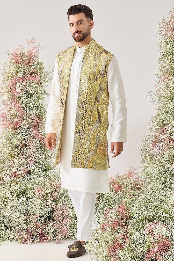 Pristine Yellow Georgette Sequined Long Open Jacket by Kasbah Clothing at Pernia's Pop Up Shop
