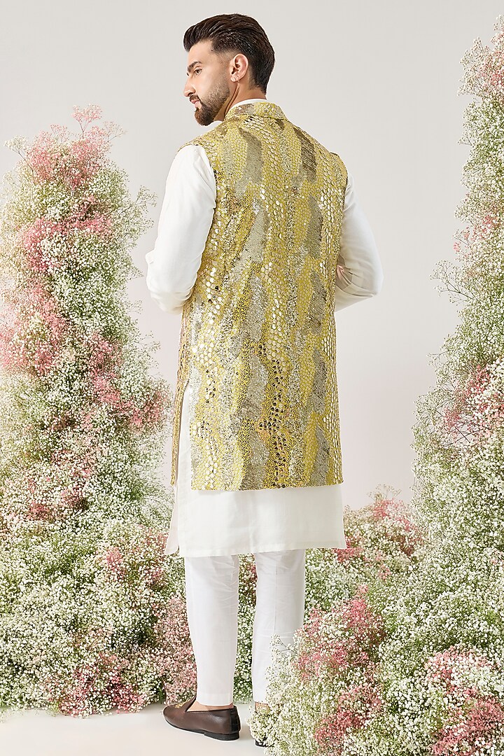 Pristine Yellow Georgette Sequined Long Open Jacket by Kasbah Clothing at Pernia's Pop Up Shop