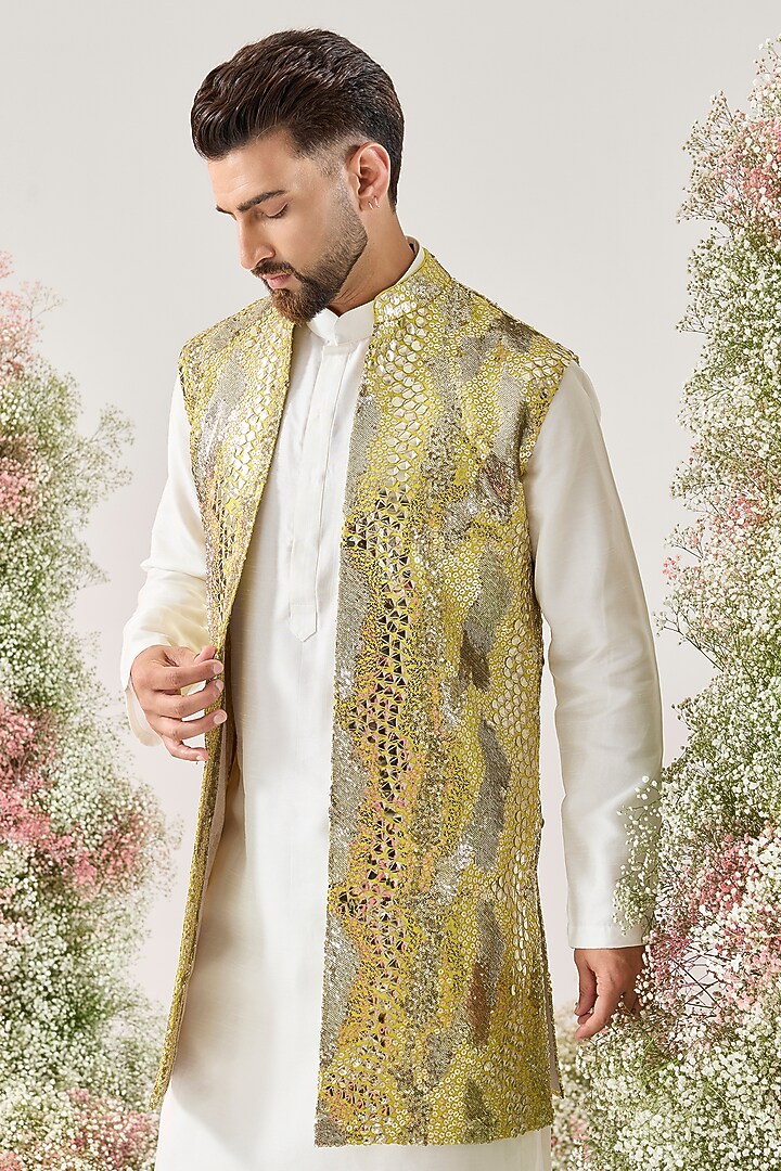 Pristine Yellow Georgette Sequined Long Open Jacket by Kasbah Clothing at Pernia's Pop Up Shop