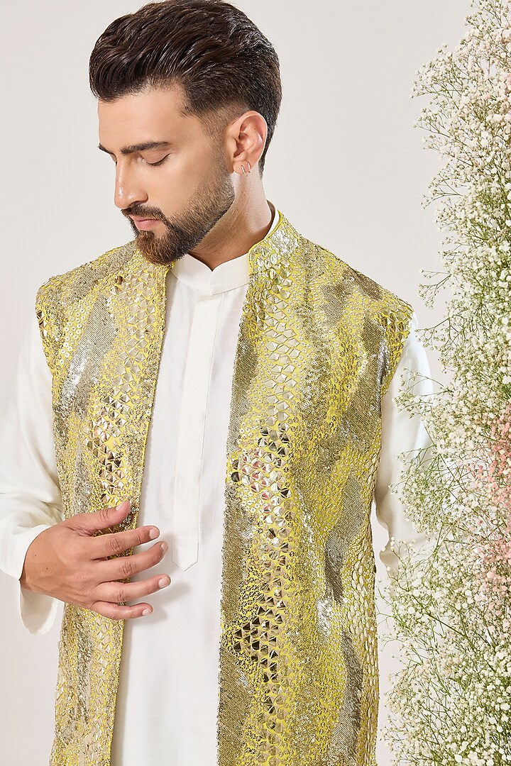 Pristine Yellow Georgette Sequined Long Open Jacket by Kasbah Clothing at Pernia's Pop Up Shop