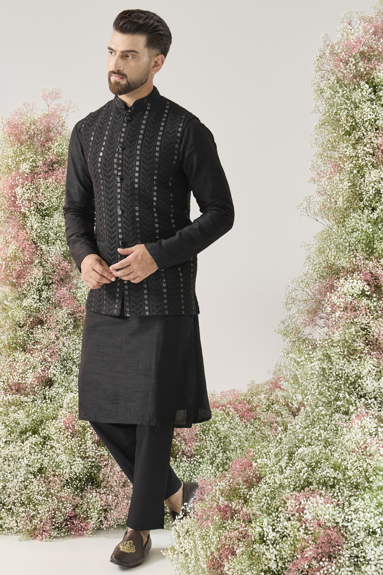Black Silk Cutdana Work Nehru Jacket by Kasbah Clothing