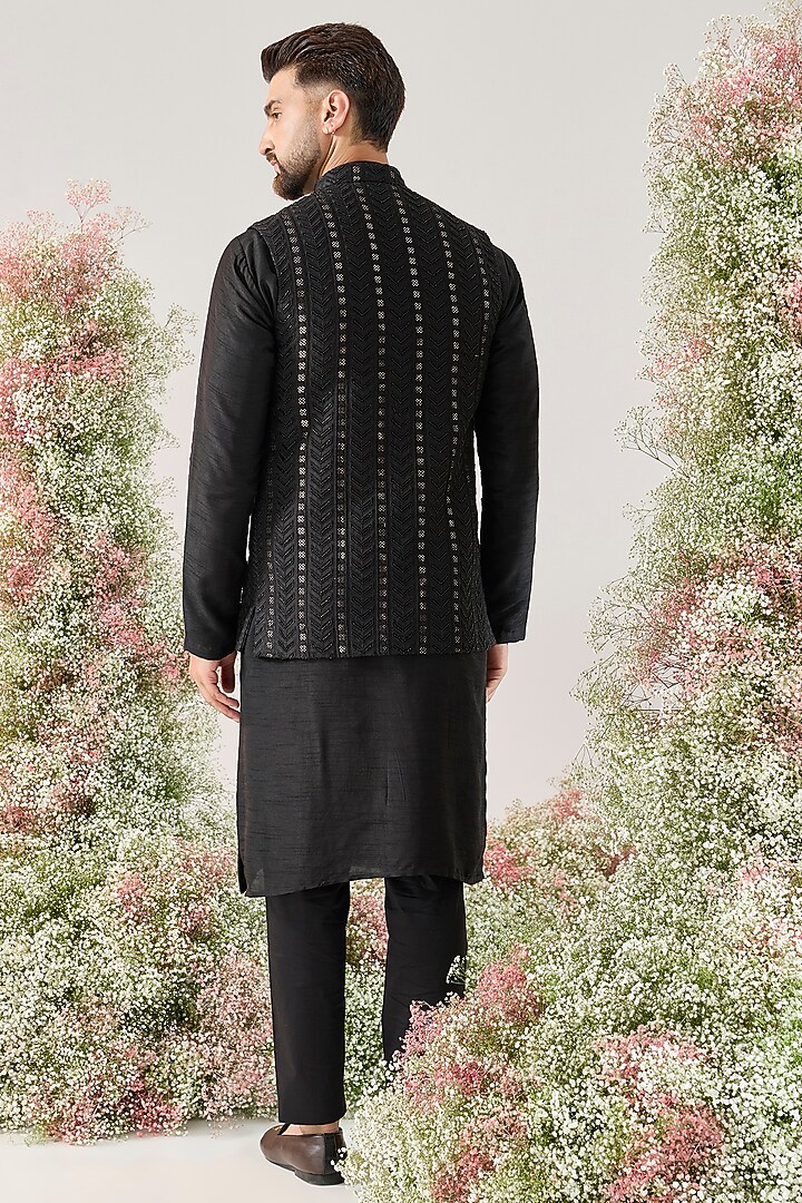 Black Silk Cutdana Work Nehru Jacket by Kasbah Clothing at Pernia's Pop Up Shop