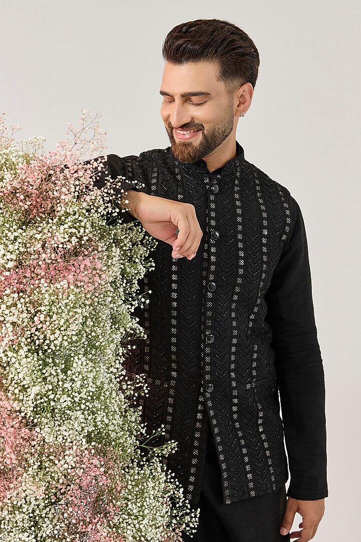 Black Silk Cutdana Work Nehru Jacket by Kasbah Clothing at Pernia's Pop Up Shop