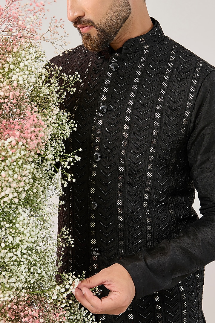 Black Silk Cutdana Work Nehru Jacket by Kasbah Clothing at Pernia's Pop Up Shop