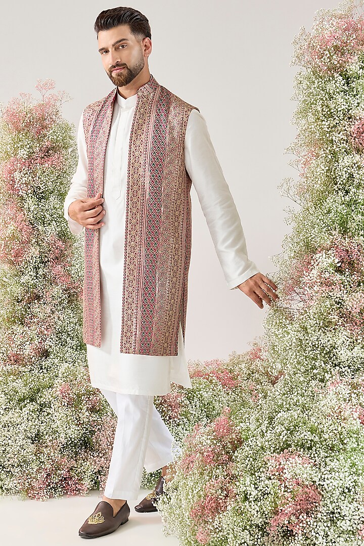 Multi-Colored Georgette Threadwork Long Open Jacket by Kasbah Clothing
