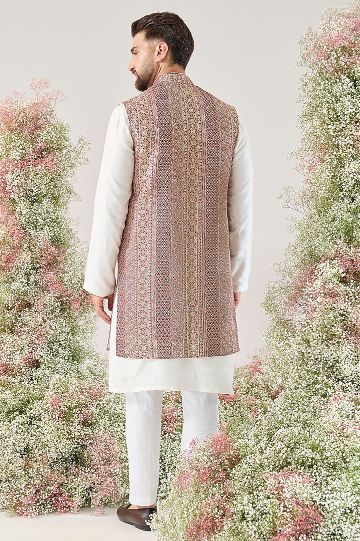Multi-Colored Georgette Threadwork Long Open Jacket by Kasbah Clothing at Pernia's Pop Up Shop
