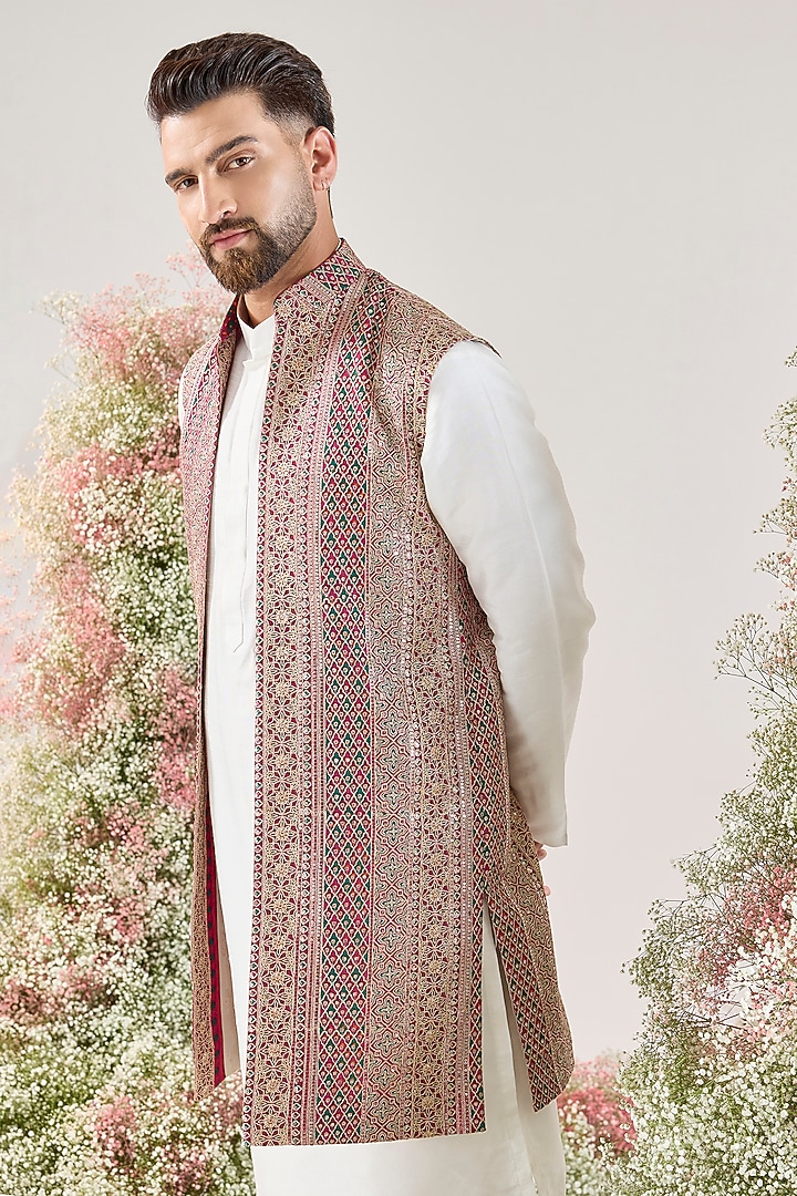 Multi-Colored Georgette Threadwork Long Open Jacket by Kasbah Clothing at Pernia's Pop Up Shop