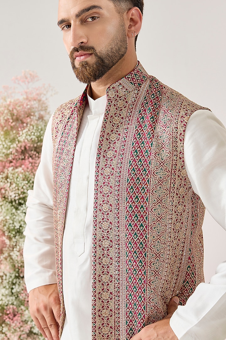 Multi-Colored Georgette Threadwork Long Open Jacket by Kasbah Clothing at Pernia's Pop Up Shop
