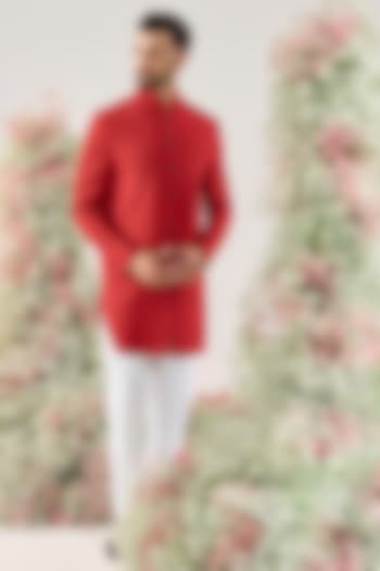 Red Silk Cutdana Embroidered Wedding Indowestern by Kasbah Clothing at Pernia's Pop Up Shop