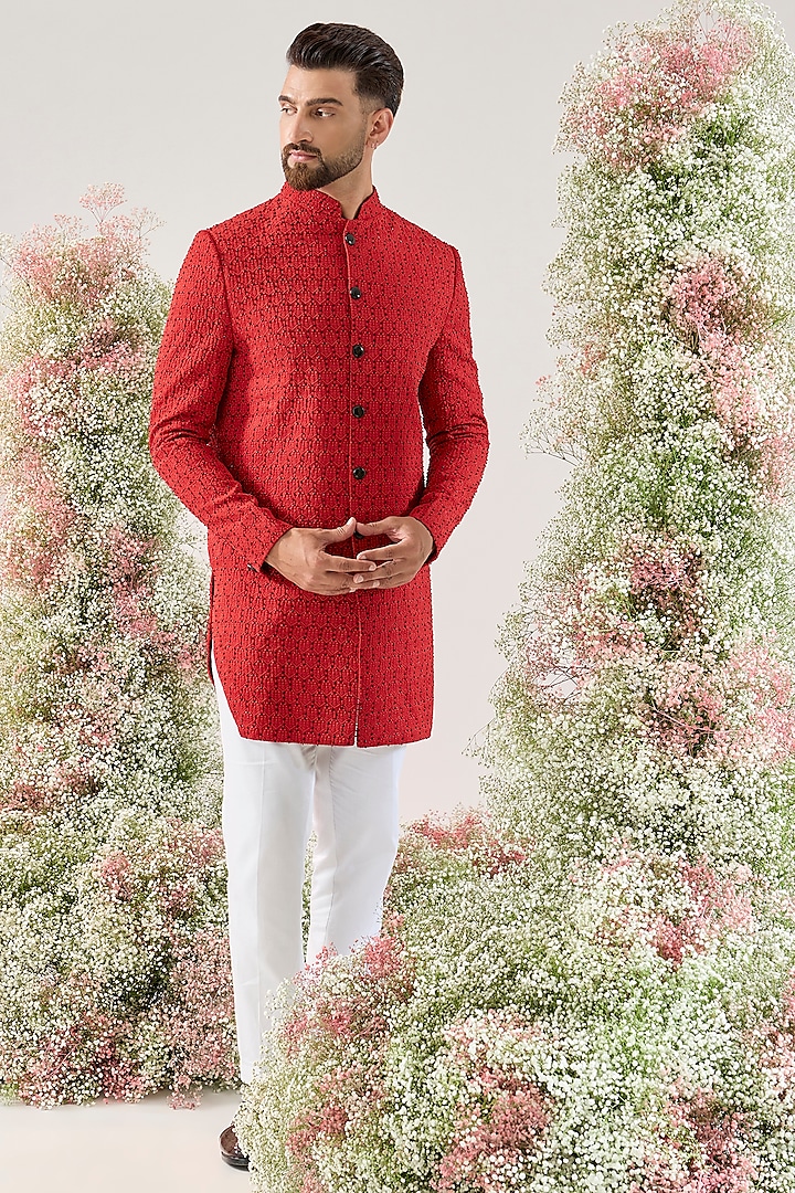 Red Silk Cutdana Embroidered Wedding Indowestern by Kasbah Clothing at Pernia's Pop Up Shop