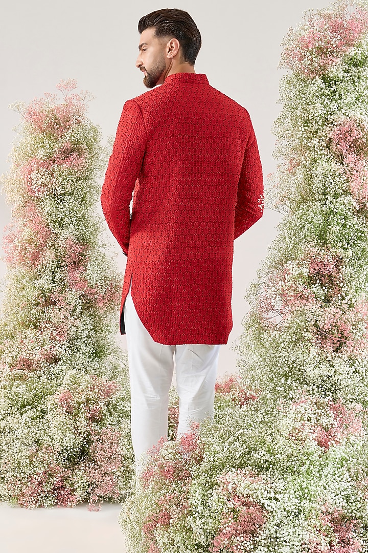 Red Silk Cutdana Embroidered Wedding Indowestern by Kasbah Clothing at Pernia's Pop Up Shop