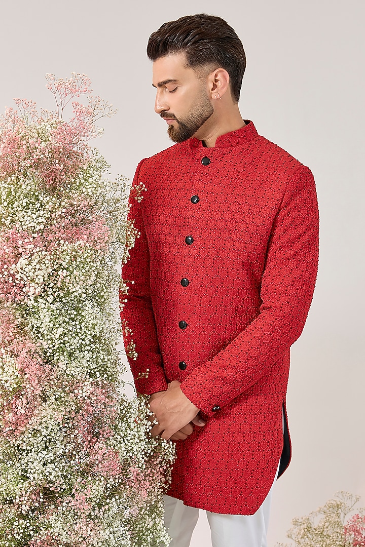 Red Silk Cutdana Embroidered Wedding Indowestern by Kasbah Clothing at Pernia's Pop Up Shop
