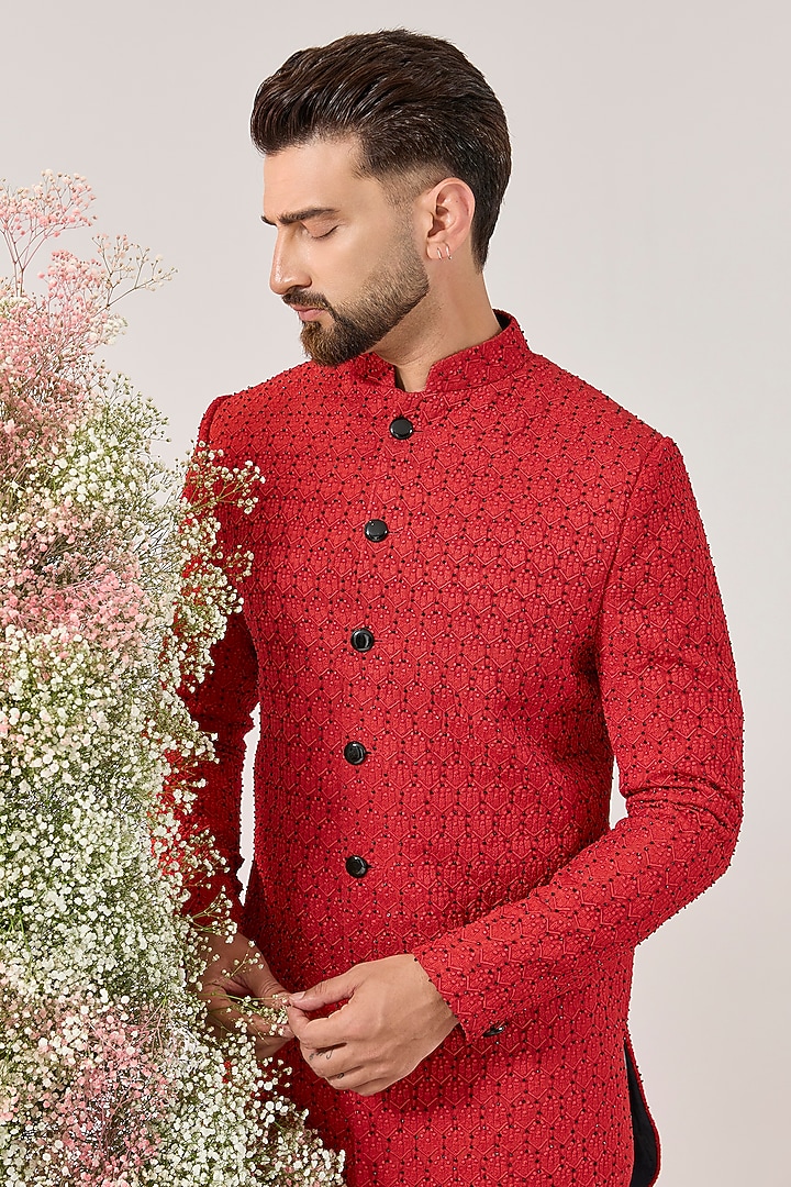 Red Silk Cutdana Embroidered Wedding Indowestern by Kasbah Clothing at Pernia's Pop Up Shop