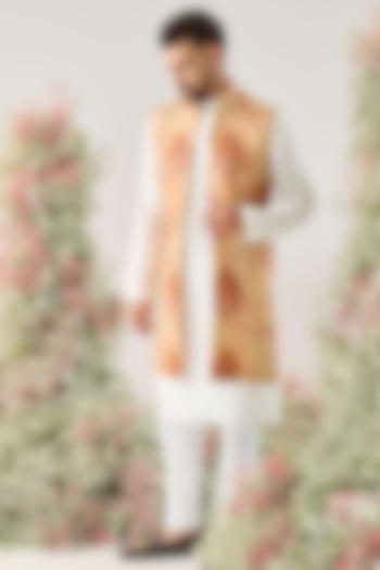 Peach Georgette Kalamkari Embroidered Long Open Jacket by Kasbah Clothing