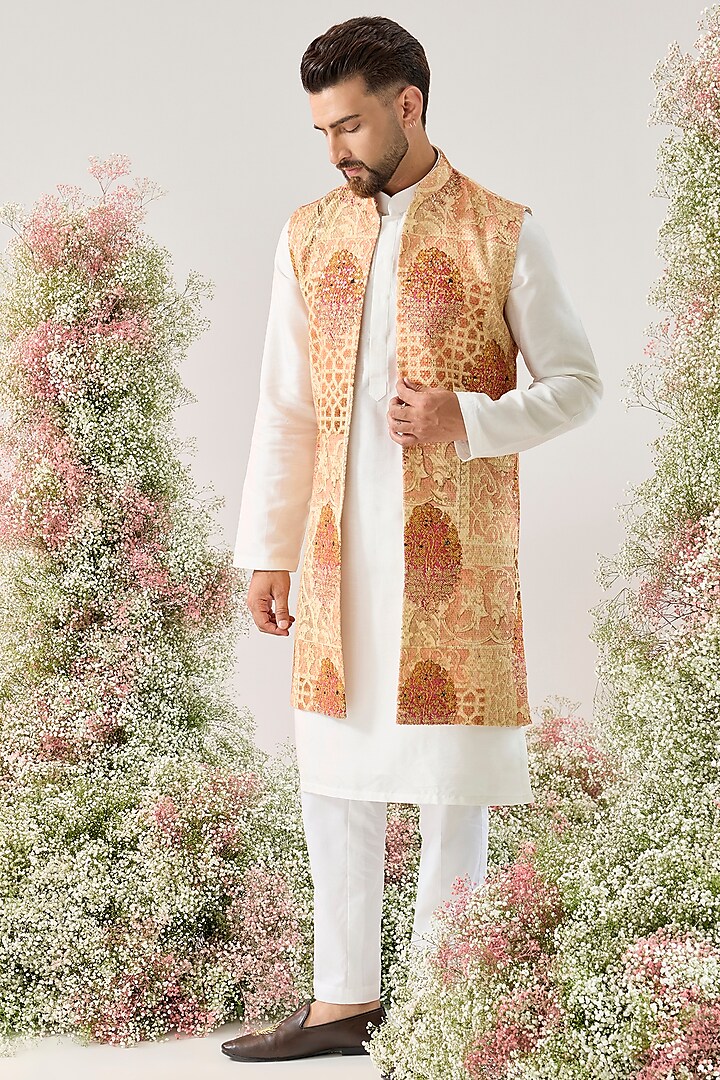Peach Georgette Kalamkari Embroidered Long Open Jacket by Kasbah Clothing