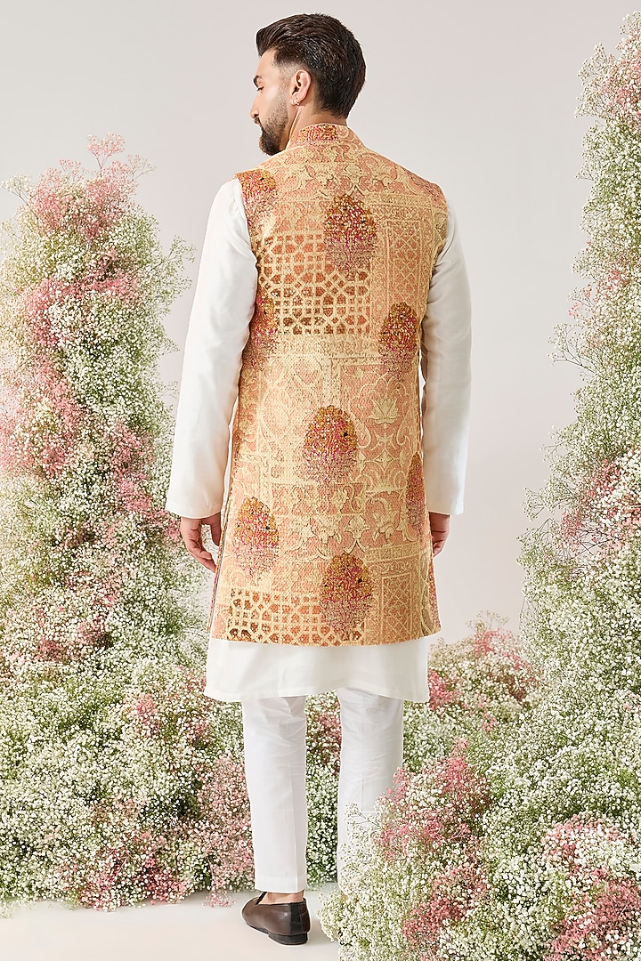 Peach Georgette Kalamkari Embroidered Long Open Jacket by Kasbah Clothing at Pernia's Pop Up Shop