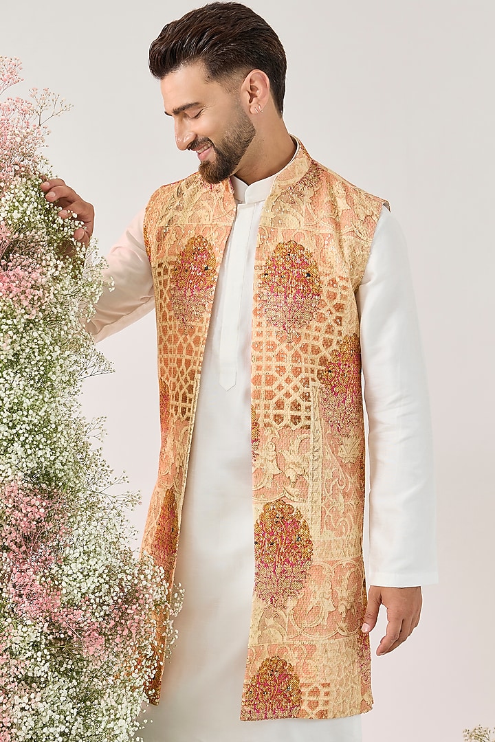 Peach Georgette Kalamkari Embroidered Long Open Jacket by Kasbah Clothing at Pernia's Pop Up Shop