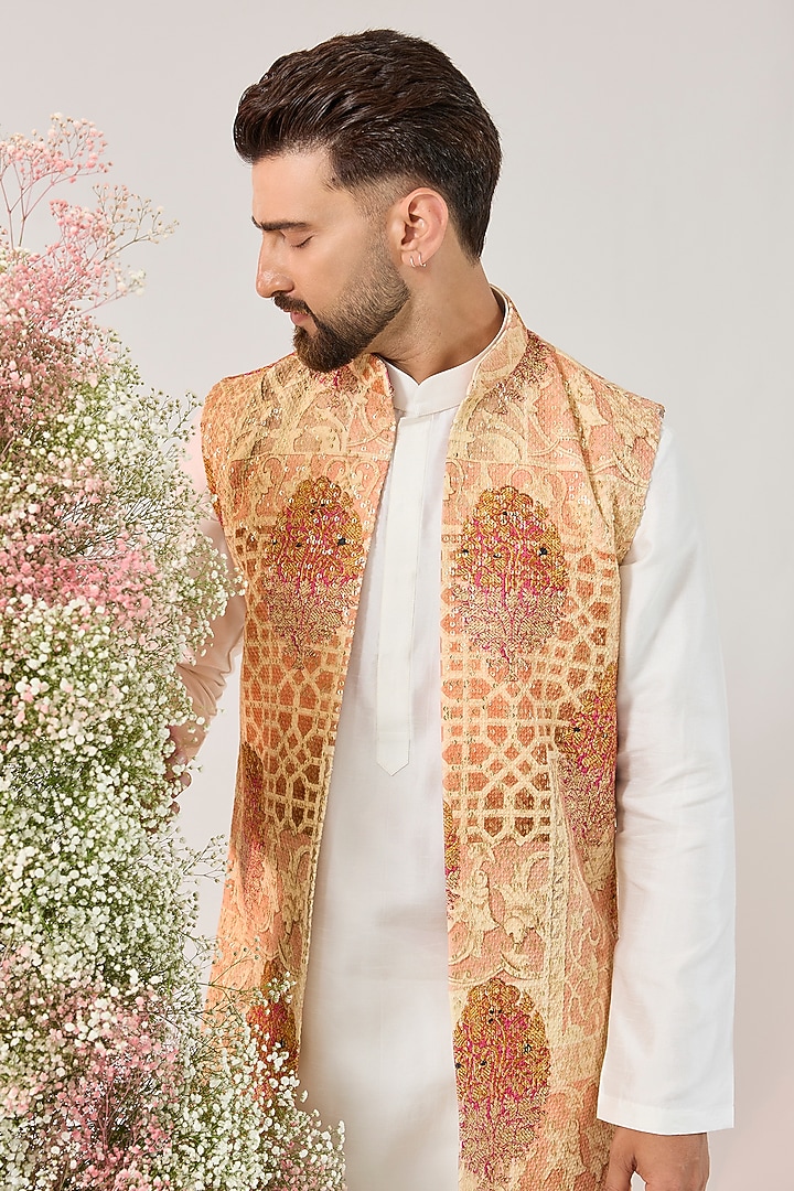 Peach Georgette Kalamkari Embroidered Long Open Jacket by Kasbah Clothing at Pernia's Pop Up Shop
