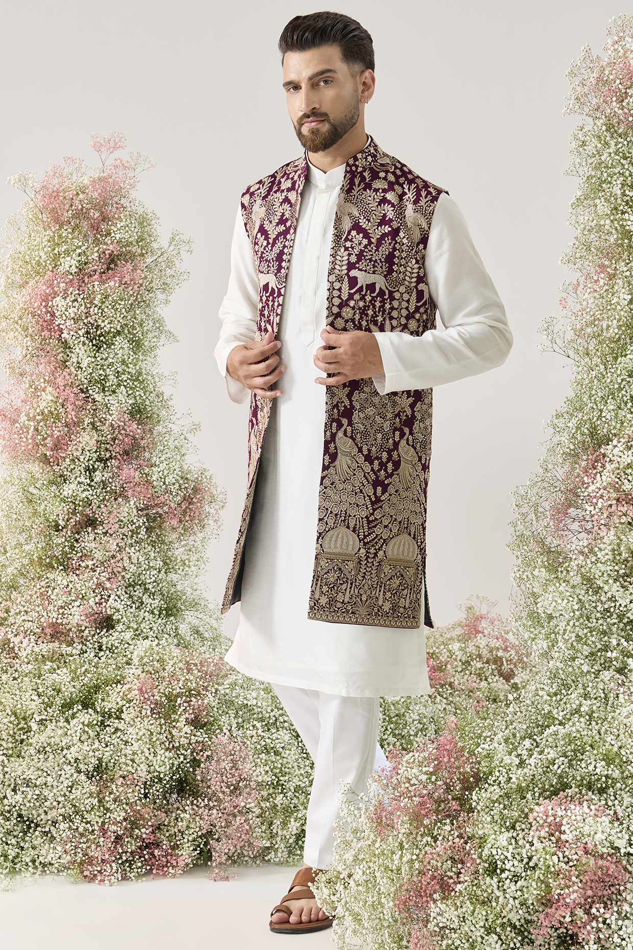 Wine Georgette Zari Work Long Open Jacket by Kasbah Clothing
