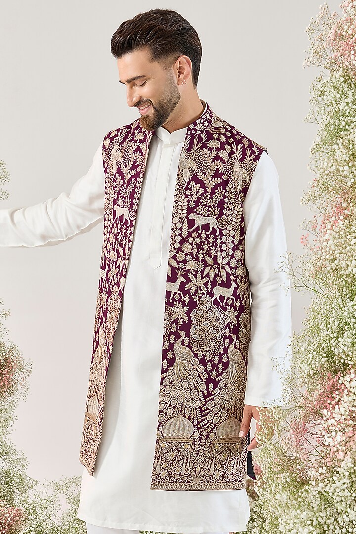 Wine Georgette Zari Work Long Open Jacket by Kasbah Clothing at Pernia's Pop Up Shop