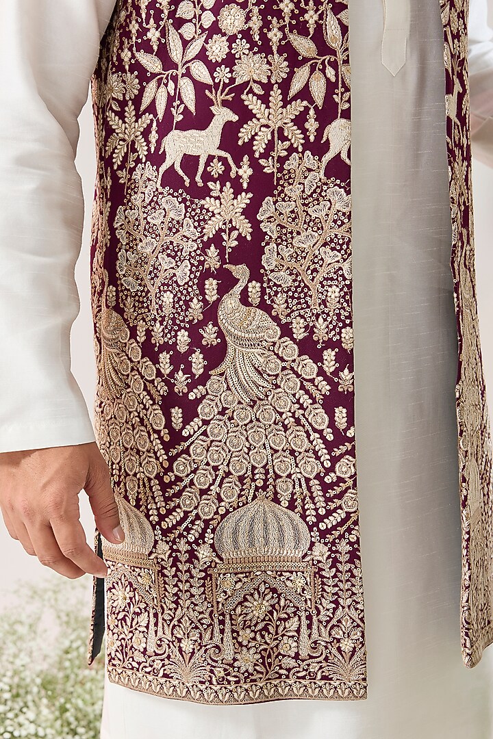 Wine Georgette Zari Work Long Open Jacket by Kasbah Clothing at Pernia's Pop Up Shop