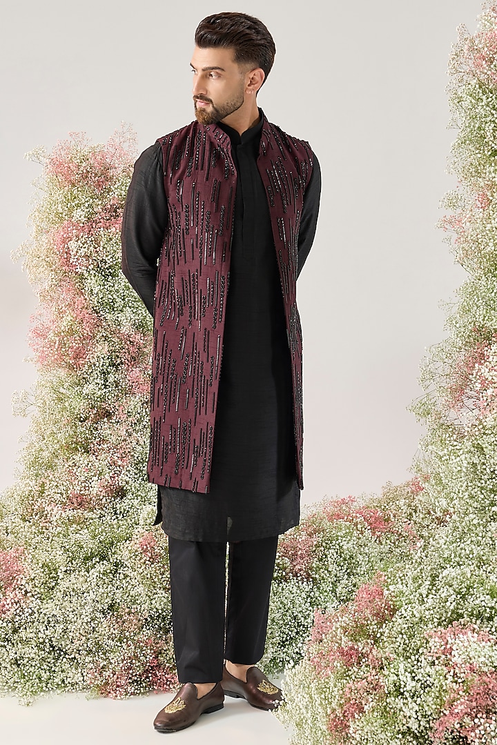 Wine Silk Cutdana Embroidered Long Open Jacket by Kasbah Clothing at Pernia's Pop Up Shop
