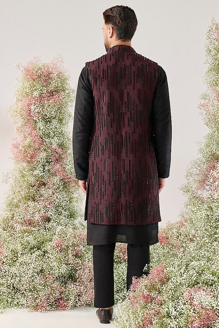 Wine Silk Cutdana Embroidered Long Open Jacket by Kasbah Clothing at Pernia's Pop Up Shop