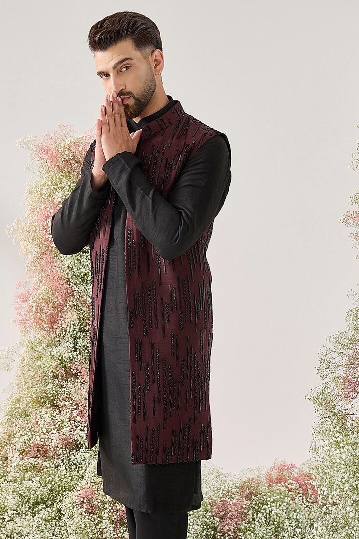 Wine Silk Cutdana Embroidered Long Open Jacket by Kasbah Clothing at Pernia's Pop Up Shop