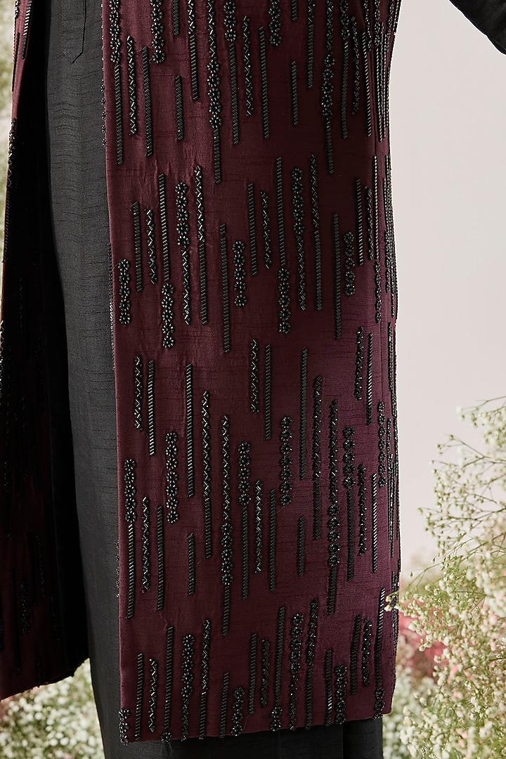 Wine Silk Cutdana Embroidered Long Open Jacket by Kasbah Clothing at Pernia's Pop Up Shop
