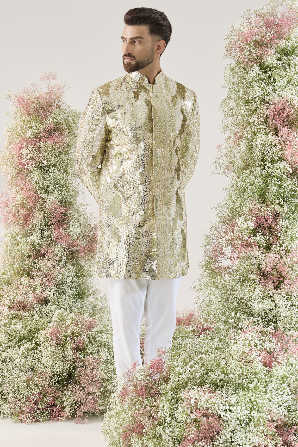 Ivory Georgette Sequined Short Sherwani by Kasbah Clothing