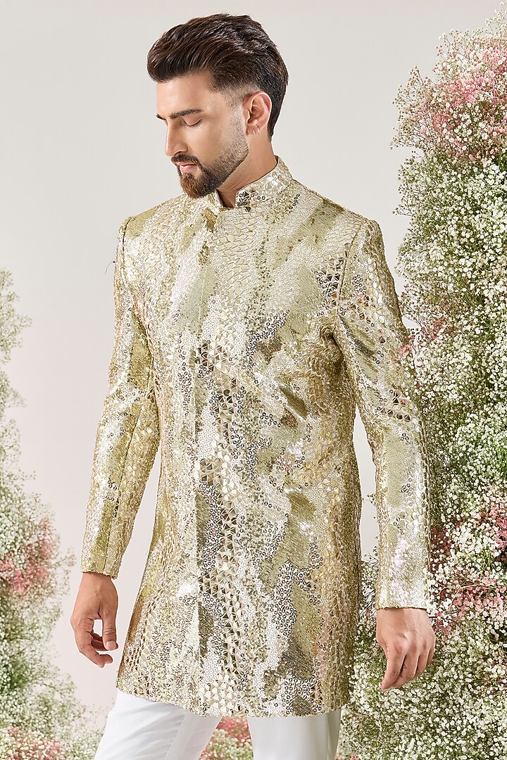 Ivory Georgette Sequined Short Wedding Sherwani by Kasbah Clothing at Pernia's Pop Up Shop