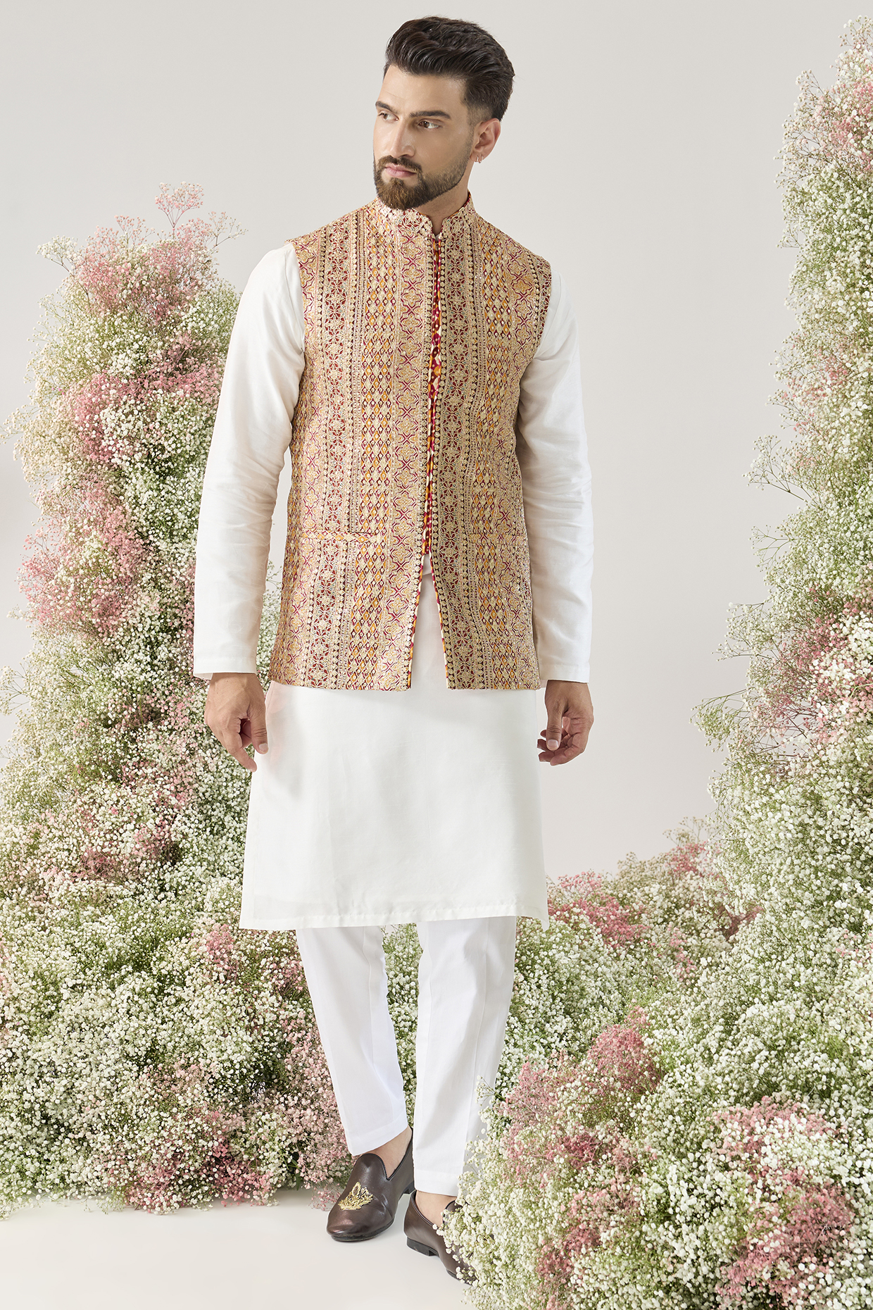 Yellow Georgette Embellished Nehru Jacket by Kasbah Clothing