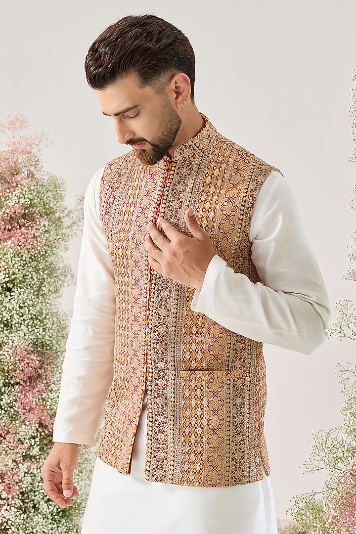 Yellow Georgette Embellished Nehru Jacket by Kasbah Clothing at Pernia's Pop Up Shop