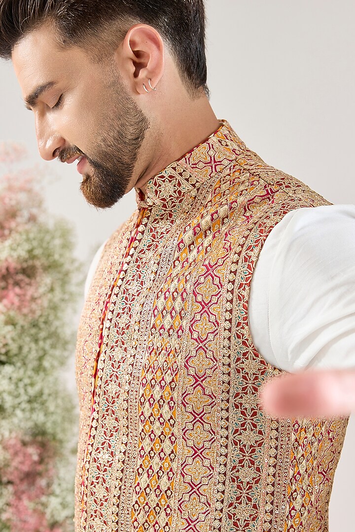 Yellow Georgette Embellished Nehru Jacket by Kasbah Clothing at Pernia's Pop Up Shop