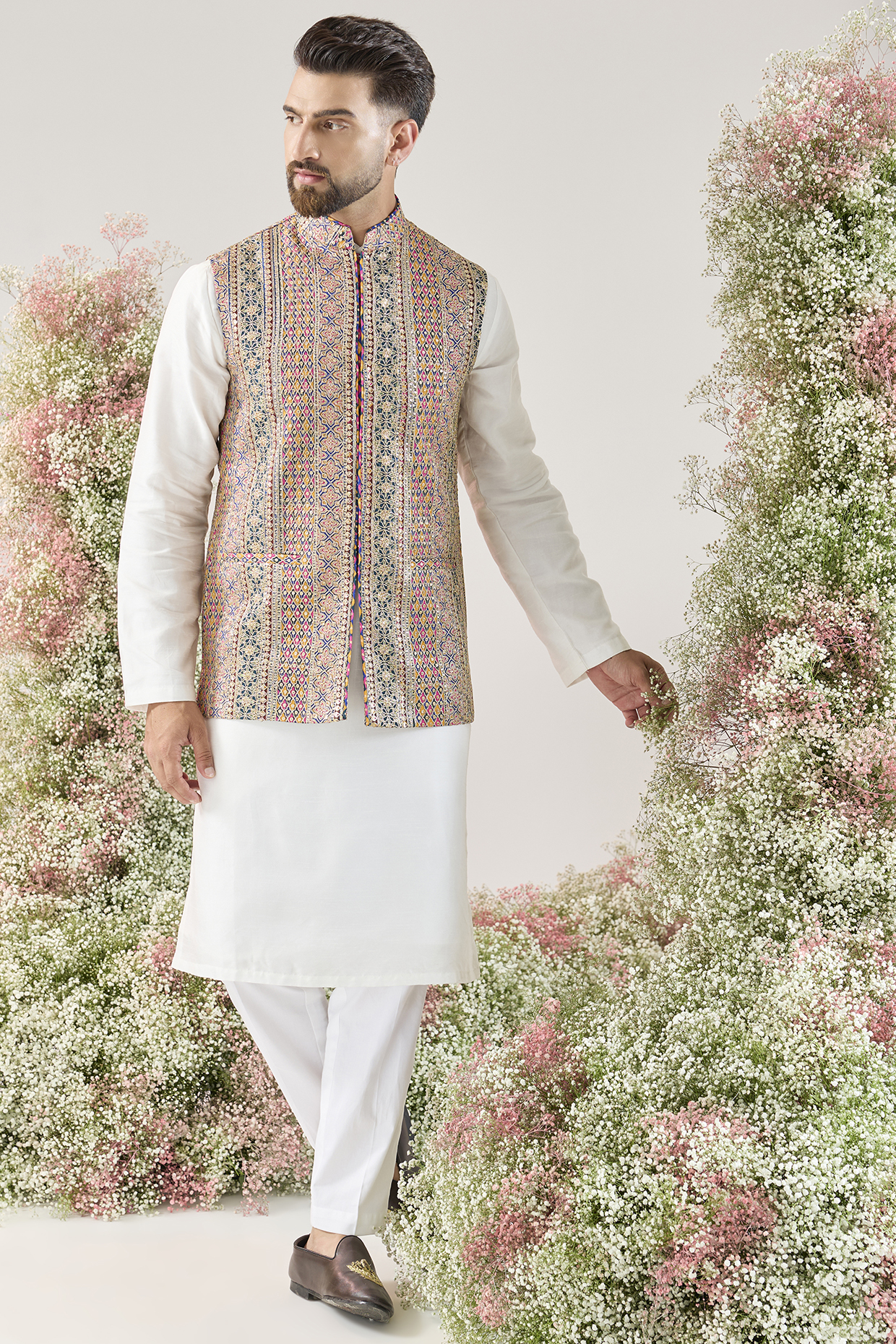 Multi-Colored Georgette Embellished Nehru Jacket by Kasbah Clothing