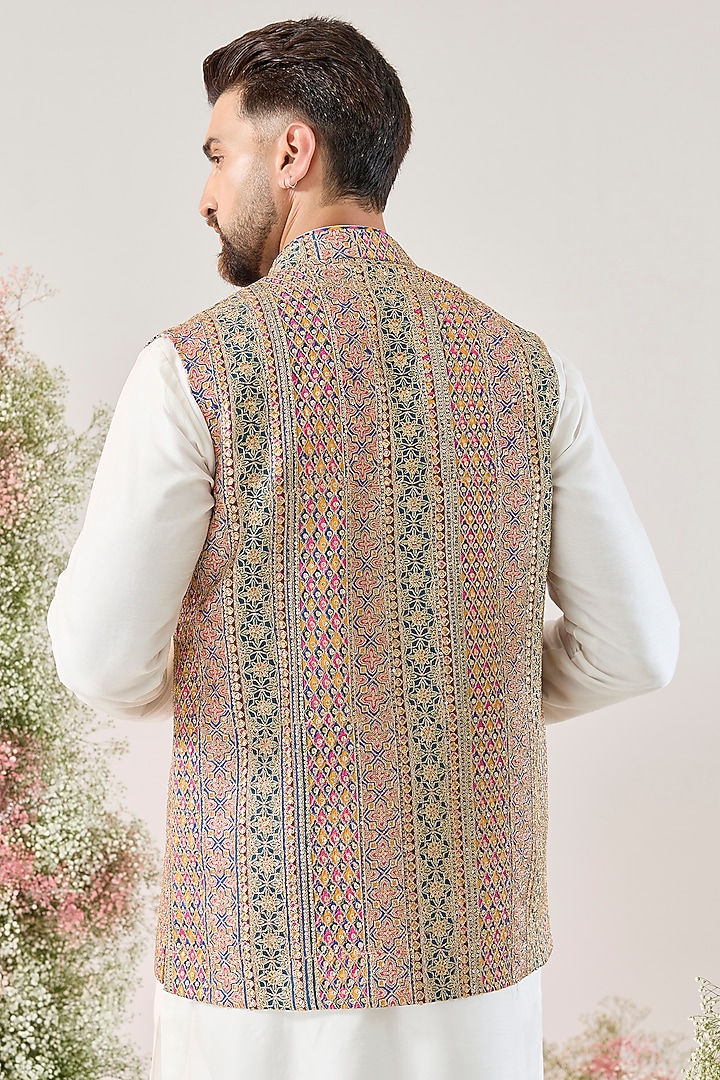 Multi-Colored Georgette Embellished Nehru Jacket by Kasbah Clothing at Pernia's Pop Up Shop