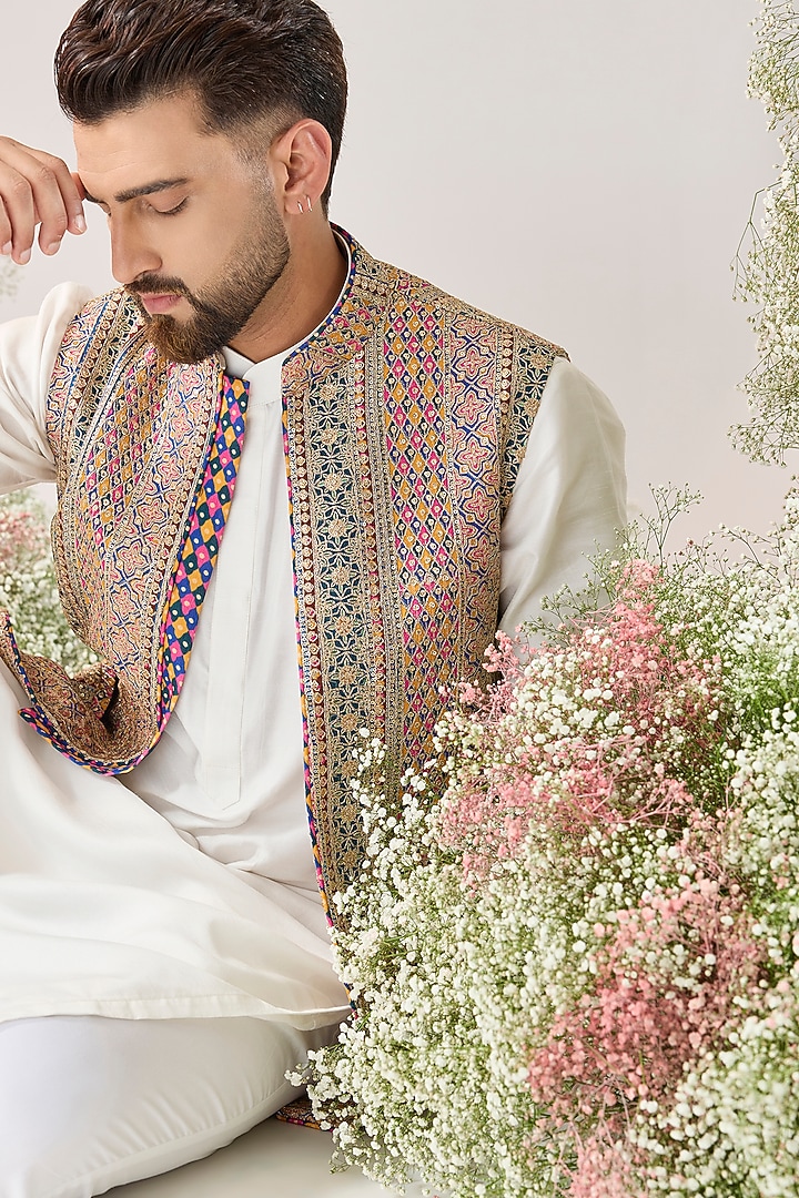 Multi-Colored Georgette Embellished Nehru Jacket by Kasbah Clothing at Pernia's Pop Up Shop