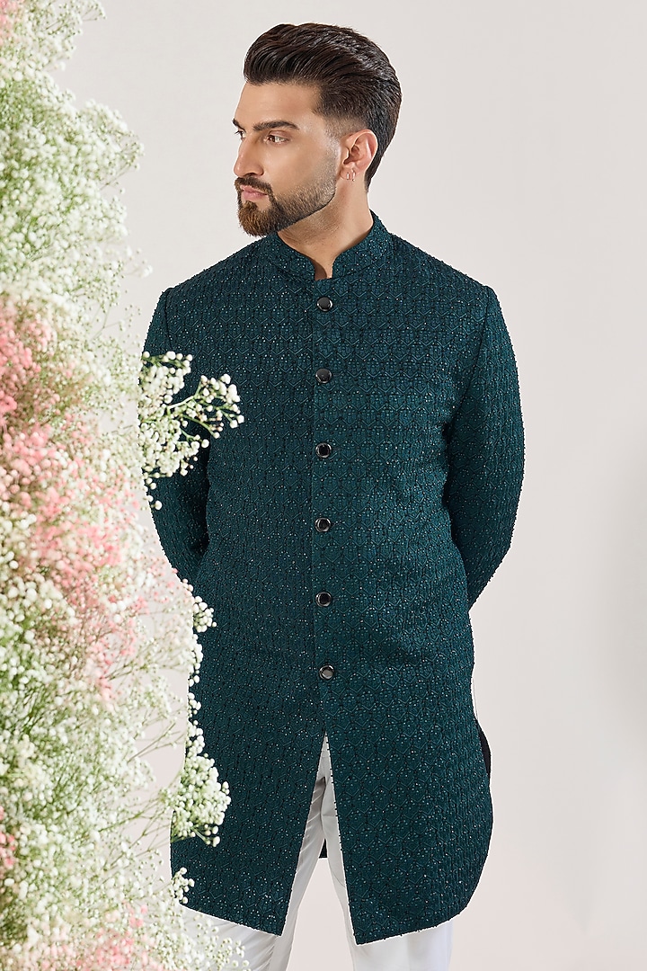 Teal Silk Cutdana Embroidered Short Wedding Indowestern by Kasbah Clothing at Pernia's Pop Up Shop