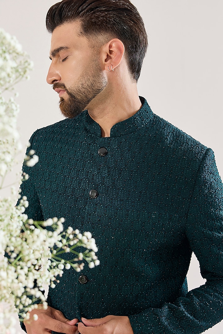 Teal Silk Cutdana Embroidered Short Wedding Indowestern by Kasbah Clothing at Pernia's Pop Up Shop