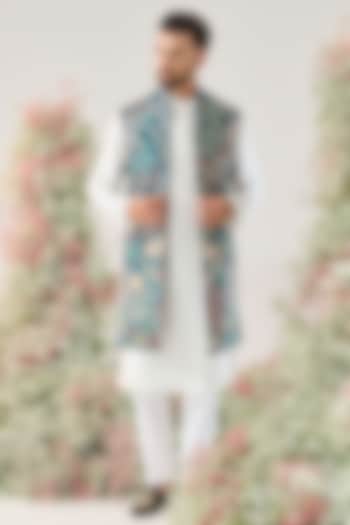 Teal Georgette Sequins Work Long Open Jacket by Kasbah Clothing