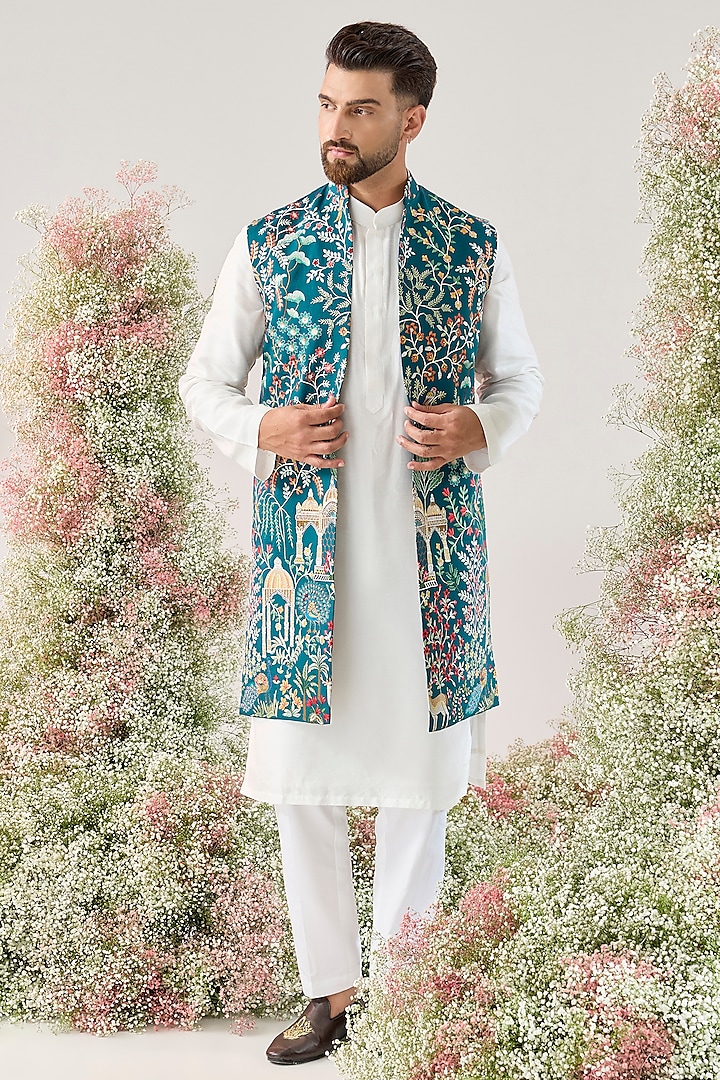 Teal Georgette Sequins Work Long Open Jacket by Kasbah Clothing