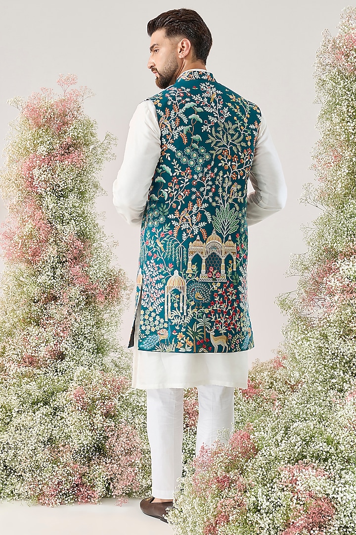 Teal Georgette Sequins Work Long Open Jacket by Kasbah Clothing at Pernia's Pop Up Shop