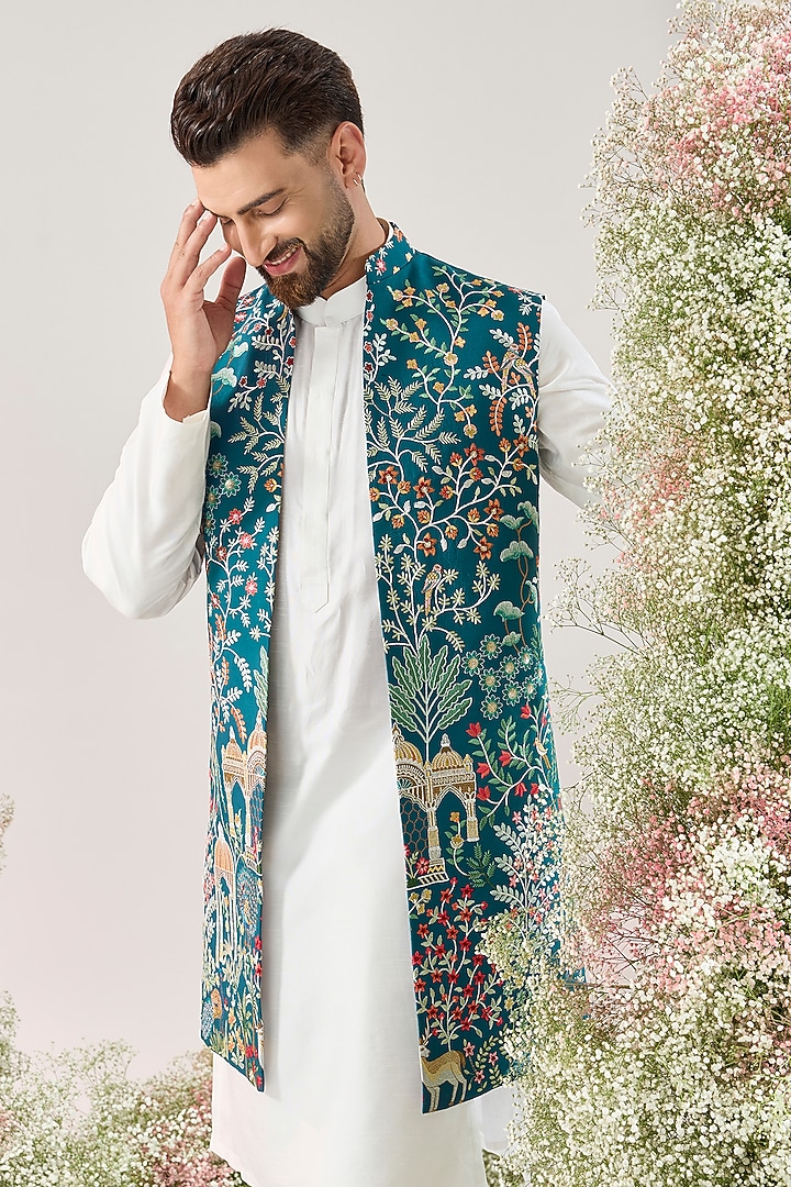 Teal Georgette Sequins Work Long Open Jacket by Kasbah Clothing at Pernia's Pop Up Shop