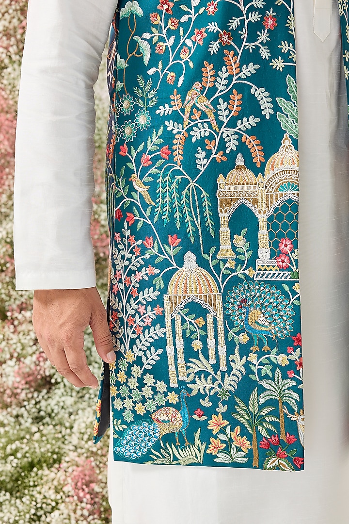 Teal Georgette Sequins Work Long Open Jacket by Kasbah Clothing at Pernia's Pop Up Shop
